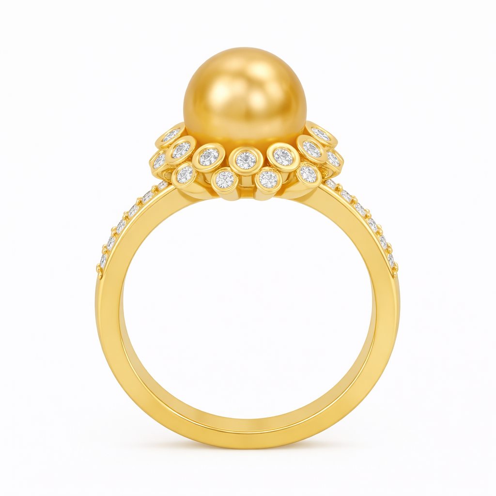 10 mm Champagne tone South Sea Pearl 14K Solid Gold Pearl Ring Triple C Diamond's