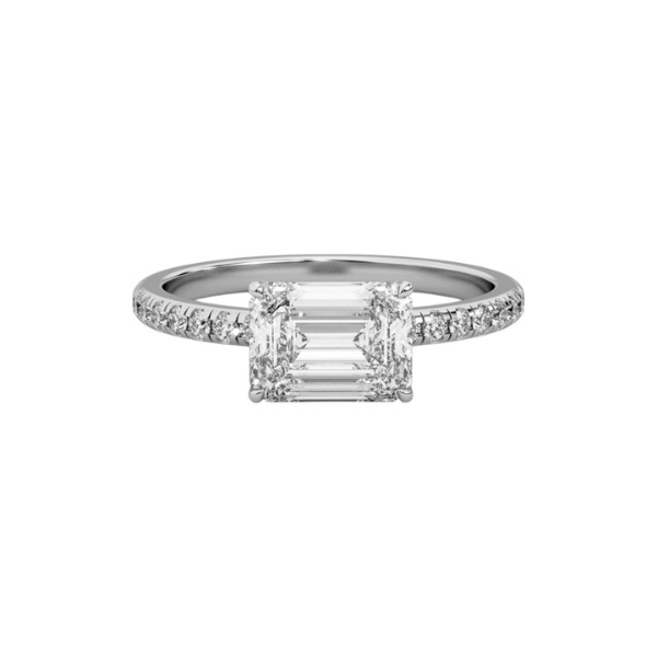 Classic Emerald Cut Sideways Pave Band 14K Solid Gold Diamond Ring Triple C Diamond's