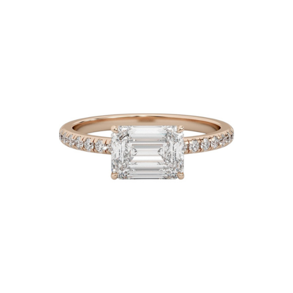 Classic Emerald Cut Sideways Pave Band 14K Solid Gold Diamond Ring Triple C Diamond's