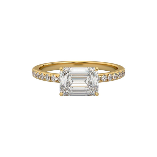 Classic Emerald Cut Sideways Pave Band 14K Solid Gold Diamond Ring Triple C Diamond's