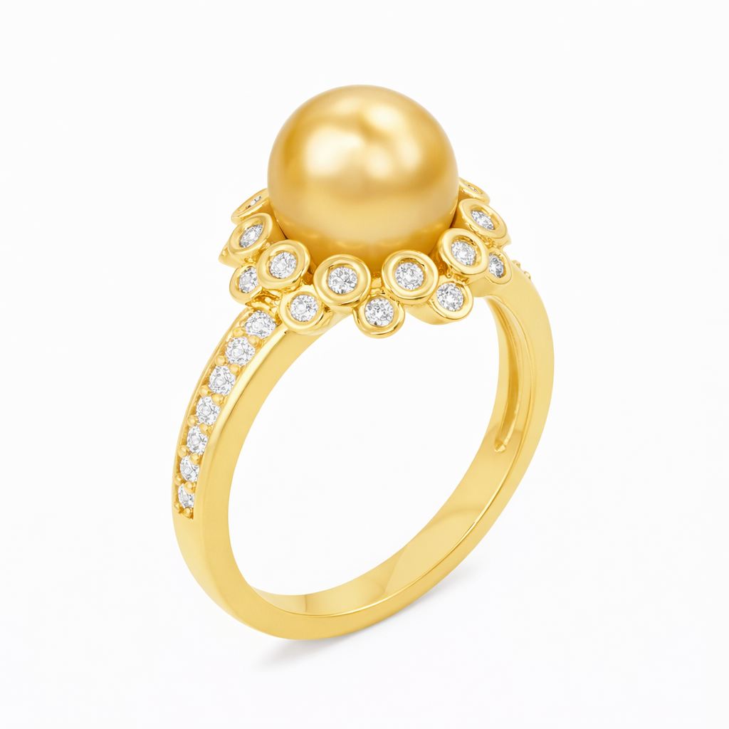 10 mm Champagne tone South Sea Pearl 14K Solid Gold Pearl Ring Triple C Diamond's