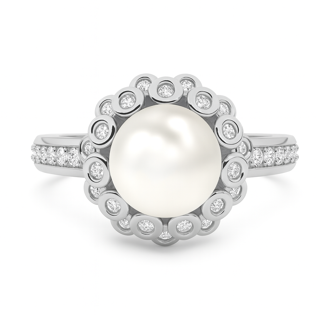 10 mm White South Sea Pearl 14K Solid Gold Stunning Pearl Ring Triple C Diamond's