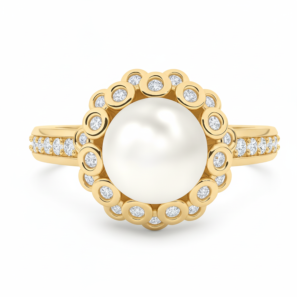10 mm White South Sea Pearl 14K Solid Gold Stunning Pearl Ring Triple C Diamond's