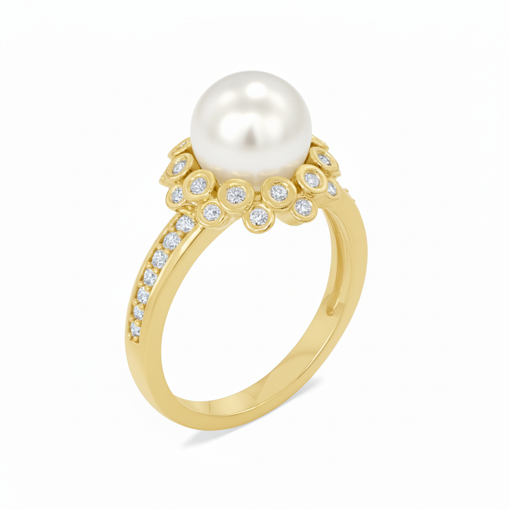 10 mm White South Sea Pearl 14K Solid Gold Stunning Pearl Ring Triple C Diamond's