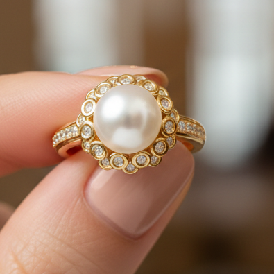 10 mm White South Sea Pearl 14K Solid Gold Stunning Pearl Ring Triple C Diamond's