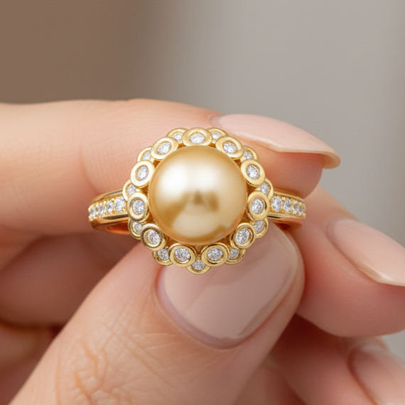 10 mm Champagne tone South Sea Pearl 14K Solid Gold Pearl Ring Triple C Diamond's