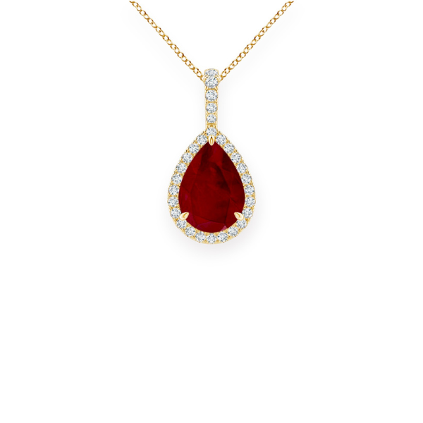 14K Solid Gold Ruby Halo Style Pear Diamond Necklace Triple C Diamond's