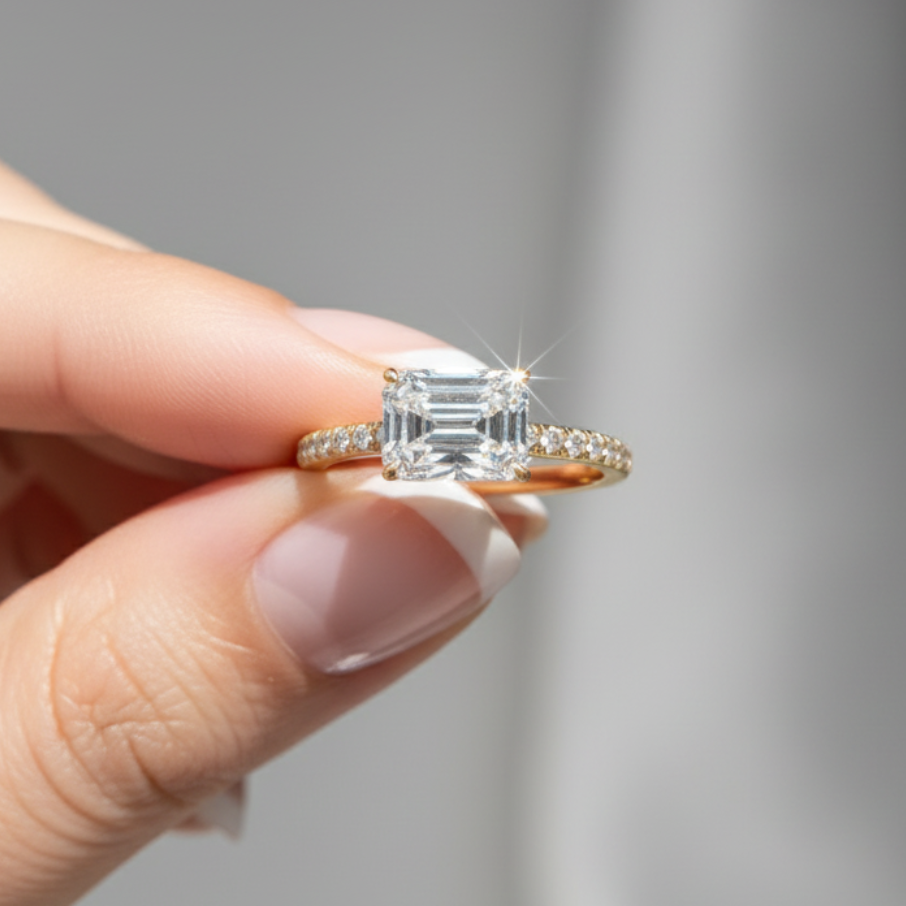 Classic Emerald Cut Sideways Pave Band 14K Solid Gold Diamond Ring Triple C Diamond's